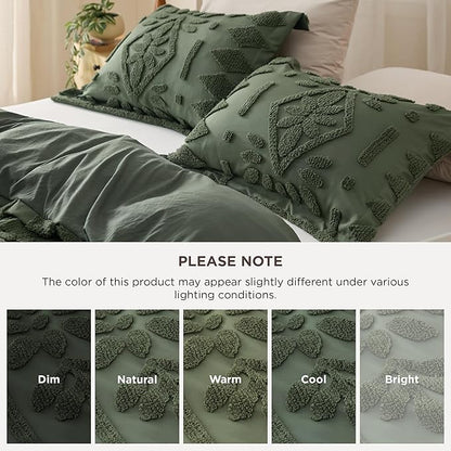 Bedsure Boho Duvet Cover Queen Size, Soft & Comfortable Elegant Design Boho Bedding for Decoration, Machine Washable Comforter Cover for All Seasons,Includes 1 Duvet Cover & 2 Pillow Shams,Olive Green