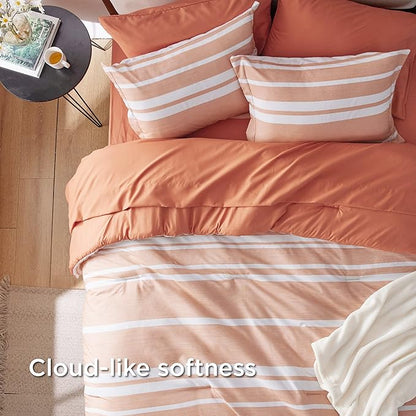 Bedsure Queen Comforter Set 7 Pieces, Burnt Orange Striped Bedding Set for All Seasons, Reversible, Cationic Dyeing Bed in a Bag with Comforter, Sheets, Pillowcases & Shams
