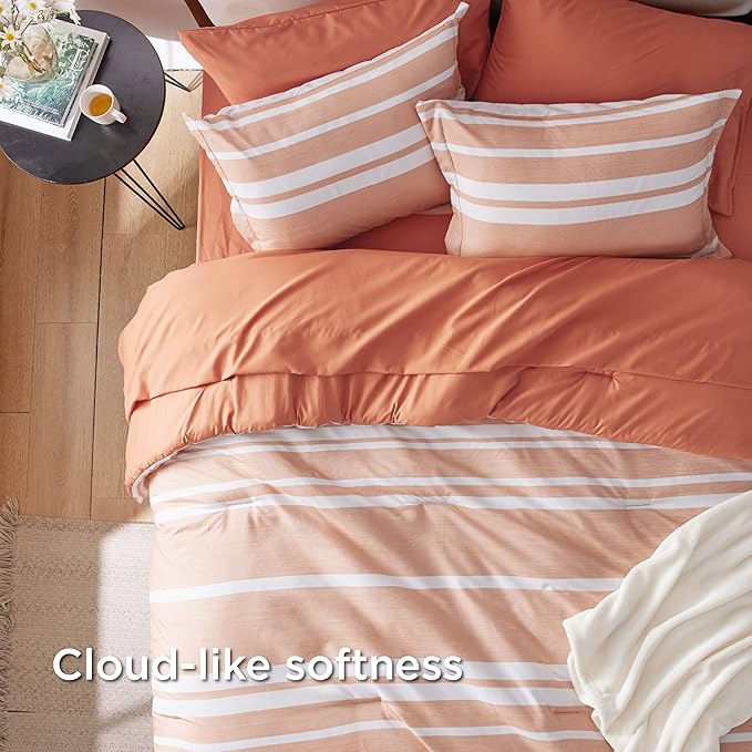 Bedsure Twin Comforter Set 5 Pieces, Burnt Orange Striped Bedding Set for All Seasons, Reversible, Cationic Dyeing Bed in a Bag with Comforter, Sheets, Pillowcase & Sham