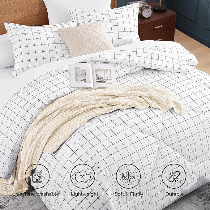 Andency White Grid Comforter Set Twin Size (66x90 Inch), 2 Pieces(1 Grid Comforter and 1 Pillowcase), Summer Lightweight Microfiber Down Alternative White Comforter with Black Lines for Kids Girls