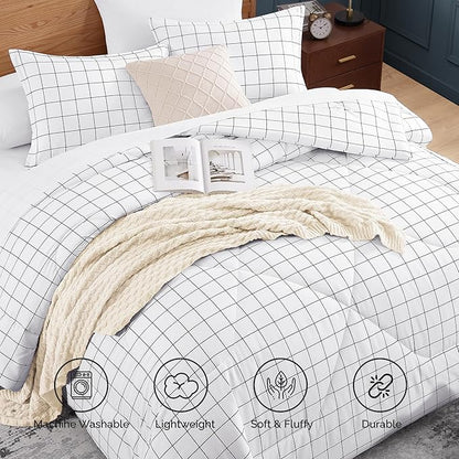 Andency White Grid Comforter Set Full Size (79x90 Inch), 3 Pieces(1 Grid Comforter and 2 Pillowcases), Summer Lightweight Microfiber Down Alternative White Comforter with Black Lines