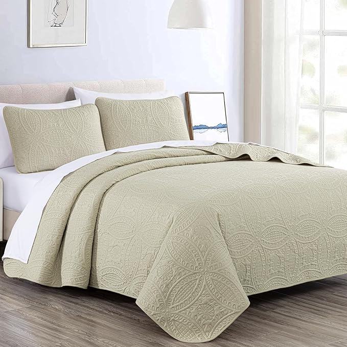 Chezmoi Collection Austin King Bedspread Set, Tan | 3-Piece, Pinsonic Quilted, Oversized, Coverlet Set