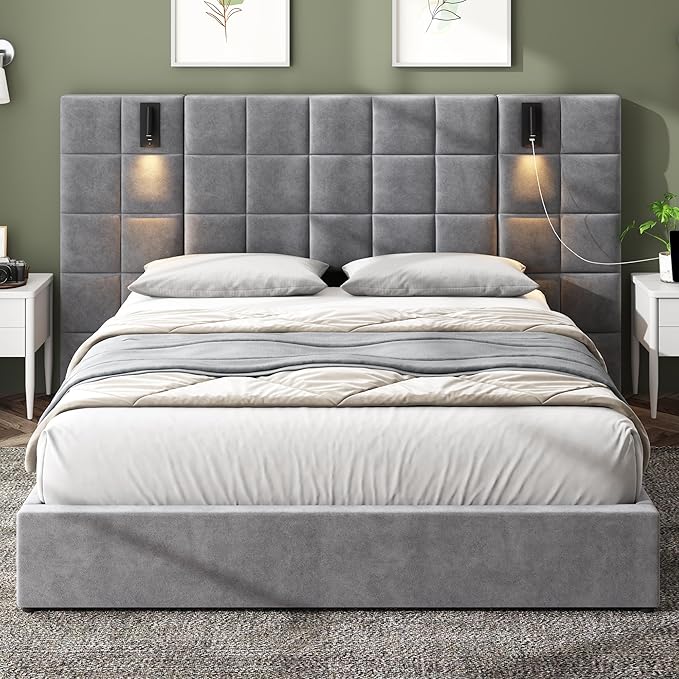 Merax Upholstered Queen Bed, with Reading Lamp and USB Port, Wide Velvet Headboard, (Without Bedside Tables and Mattress), Grey