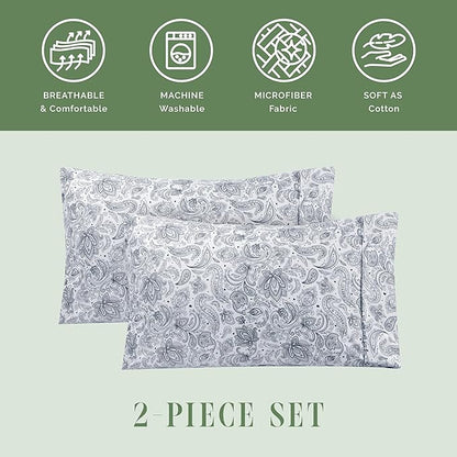 Elegant Comfort Ultra Soft Set of 2 Floral Print Pillowcases - 1500 Premium Hotel Quality Microfiber, Soft and Smooth Envelope Closure 2-Piece Pillow Covers - Standard/Queen, Paisley Navy