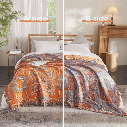 Boho Throw Blanket for Bed 60”x80”, 100% Cotton Woven Blanket for Couch Sofa, Ultra Soft 4-Layer Muslin Quilt with Vintage Floral Printed, Farmhouse Bed Blanket/Cover for Living Room Decor