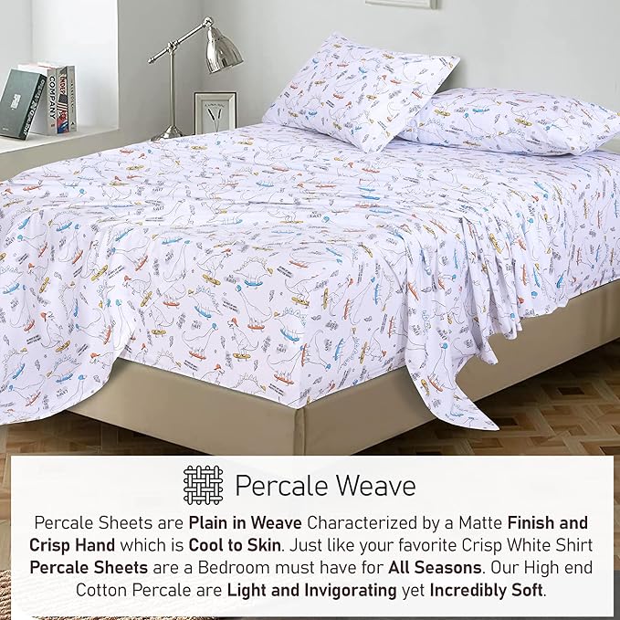 RUVANTI 100% Cotton Sheets – Queen Size Percale Bedding, Cooling & Breathable Floral Design, Durable with a Crisp, Soft & Comfortable Feel, 16" Deep Pocket, 4-Piece Set, Dino