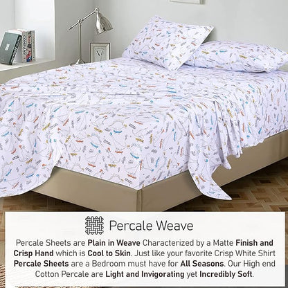 RUVANTI 100% Cotton Sheets – Queen Size Percale Bedding, Cooling & Breathable Floral Design, Durable with a Crisp, Soft & Comfortable Feel, 16" Deep Pocket, 4-Piece Set, Dino