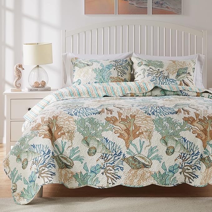 Greenland Home Atlantis Coastal Sea Coral Oversized Reversible Quilt Set, 2-Piece Twin/XL, Jade