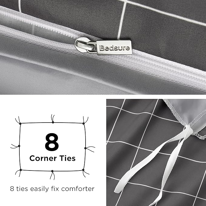 Bedsure Duvet Cover Queen Size - Reversible Plaid Duvet Cover Set with Zipper Closure, 3 Pieces Dark Grey Bedding Set with 8 Corner Ties and 2 Pillow Shams 20"x26"