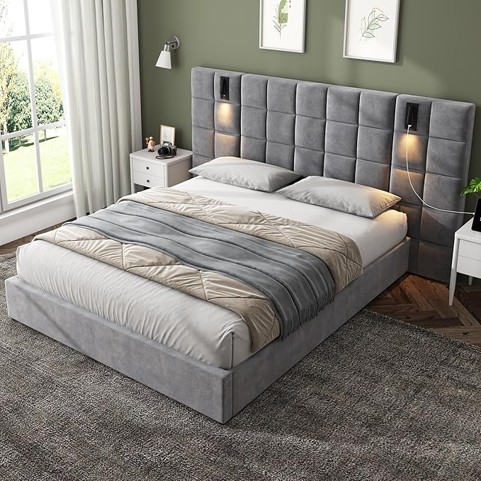 Merax Upholstered Queen Bed, with Reading Lamp and USB Port, Wide Velvet Headboard, (Without Bedside Tables and Mattress), Grey