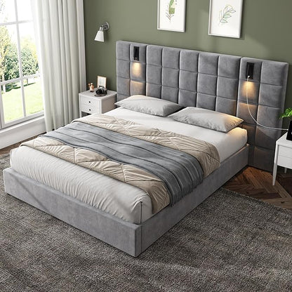Merax Upholstered Queen Bed, with Reading Lamp and USB Port, Wide Velvet Headboard, (Without Bedside Tables and Mattress), Grey