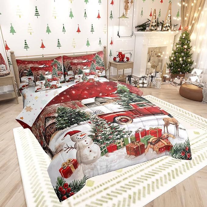 Castle Fairy Farmhouse Christmas 7 PCS Comforter Set,Xmas Truck Cute Snowman Bedding Set for Kids Girls,Rustic Pine Tree Deer Bed in a Bag with Comforter,Sheets and Pillow Cases,King