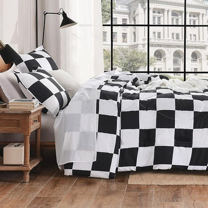 Andency Checkered Comforter Queen(90x90Inch), Black White Plaid Gingham Bed Set for Teen Boys Kids, Lightweight Polyester Geometric Preppy Bedding, 3 Pieces