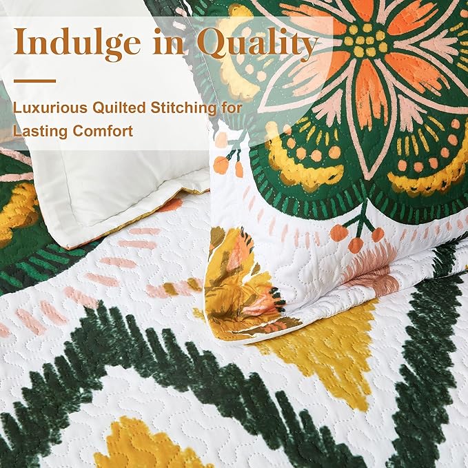 3 Piece Boho Floral Californial King Size Quilt Sets Farmhouse Reversible Lightweight Bedspread Coverlet with 2 Shams Mid Century Leaves Microfiber Bedding Quilts Set for All Season, 118''x106''