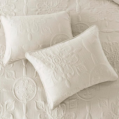 Ivory Damask Quilt Queen Size Bedding Sets with 2 Pillow Shams, Cream Boho Bedspread Lightweight Soft Farmhouse Vintage Bohemian Coverlet Retro Jacquard Pattern Bed Cover for All Season, 3 Pieces