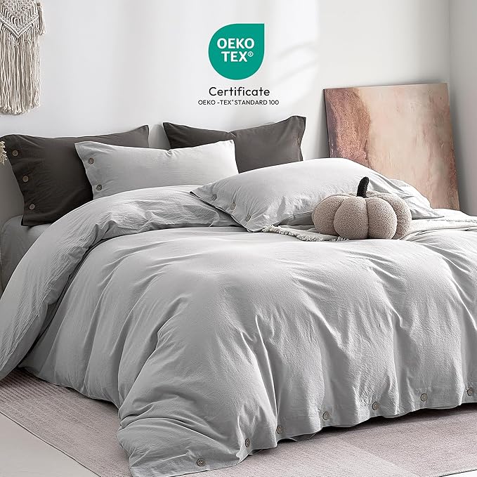 JELLYMONI 100% Washed Cotton Duvet Cover Twin – Soft, Breathable Linen-Look Bedding with Natural Wrinkle Texture, Button Closure, 2-Piece Set (Pale Grey, 68"x90")