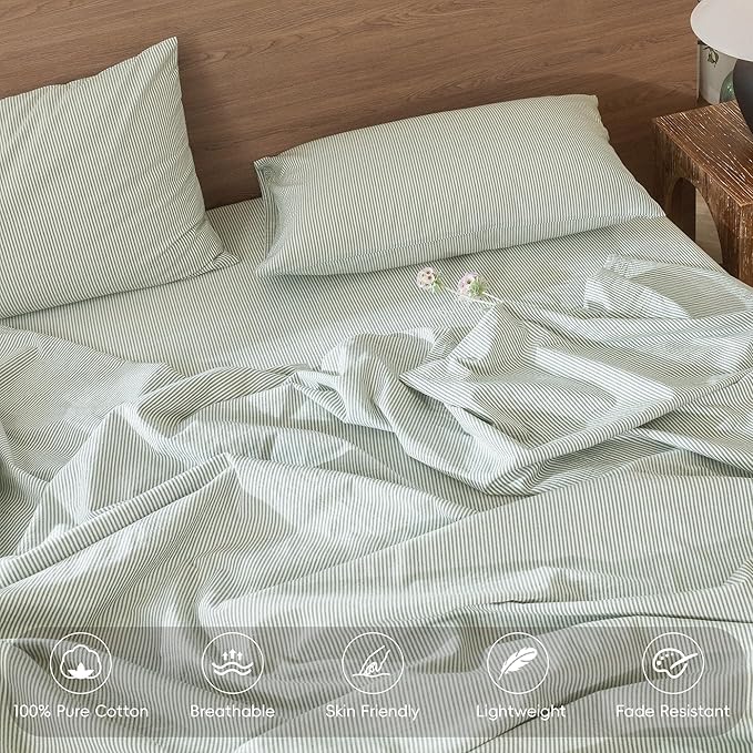 MooMee Striped Duvet Cover Set 100% Washed Cotton Linen Like Textured Breathable Durable Soft Comfy (Sage Green White Pinstripes, Oversized Queen 98"x98")