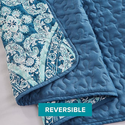 Comfort Spaces Reversible Quilt Set-Vermicelli Stitching Design All Season, Lightweight, Coverlet Bedspread Bedding, Matching Shams, King (104 in x 90 in), Gloria Damask Aqua 3 Piece
