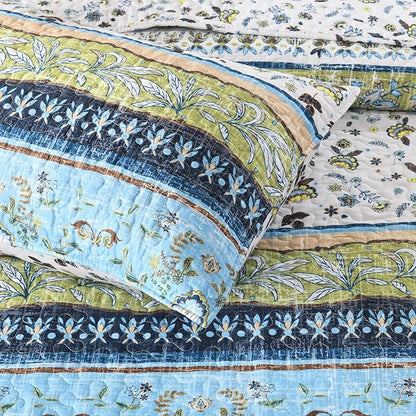 Boho Style King Quilt Set Green Bohemian Floral Strip Quilt Beddding Set, Soft and Lightweight Bedspread for All Season, Oversize King Bed Coverlet with 2 Matching Pillow Shams (3 Pieces)