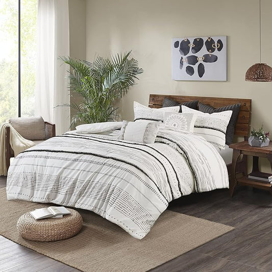 INK+IVY Nea 100% Cotton Duvet Set Mid Century Modern Design, All Season Comforter Cover Bedding Set, Matching Shams, King/Cal King, Stripes Teasel White 3 Piece
