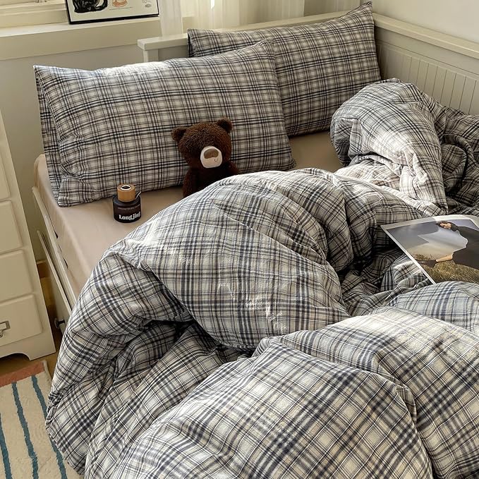 MKXI Twin Modern Plaid Duvet Cover Set 3 Piece - Deep Navy Washed Cotton Bedding, Modern Farmhouse Check Design, Breathable & Vintage Linen Like Bedding Set with Zipper Closure