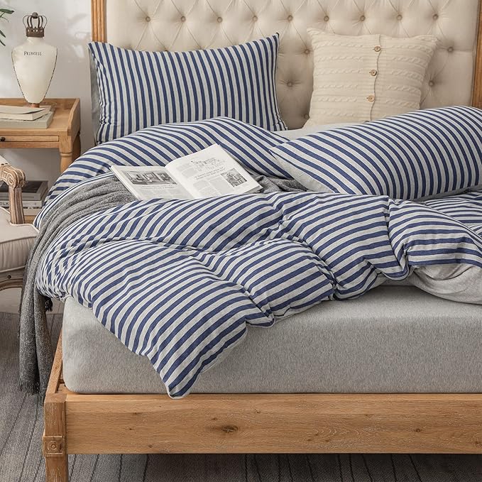 PURE ERA Jersey Knit Duvet Cover Set 100% T-Shirt Heather Cotton Super Soft Comfy Classic Striped Design, with Zipper Closure, Heather Grey Blue Stripe, King