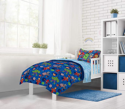 Jay Franco Marvel Super Hero Adventures Hero Together 4Piece Toddler Bed Set Super Soft Microfiber Bed Set Includes Toddler Size Comforter & Sheet Bedding Features The Avengers Official Product