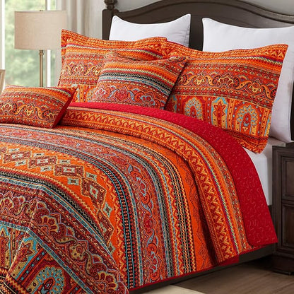 BEDIFANY Cotton King Size Quilt Set - Boho Lightweight King Bedspread - Colorful Orange Reversible Coverlets Quilt Bedding Sets - Oversized King Quilt Set for Bed Decorations for All Seasons, 3 Pieces