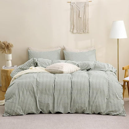 TOCOMOA Green Gingham Duvet Cover Bedding Set 100% Washed Cotton Like Linen Feel Super Soft Comfortable 3 Piece Vintage Plaid Checkered Comforter Cover Set (Queen 90"x90", Comforter Not Included)