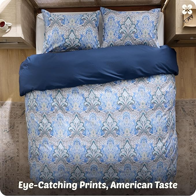 Bedsure Duvet Cover Queen Size - 100% Cotton Reversible Classic Paisley Damask Pattern Duvet Cover Set, 3 Pieces Soft & Breathable PureWoven Bedding Set with 2 Pillow Shams (Blue Paisley 104"x90")