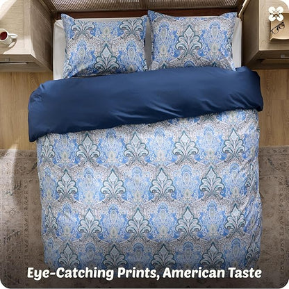 Bedsure Duvet Cover Queen Size - 100% Cotton Reversible Classic Paisley Damask Pattern Duvet Cover Set, 3 Pieces Soft & Breathable PureWoven Bedding Set with 2 Pillow Shams (Blue Paisley 104"x90")