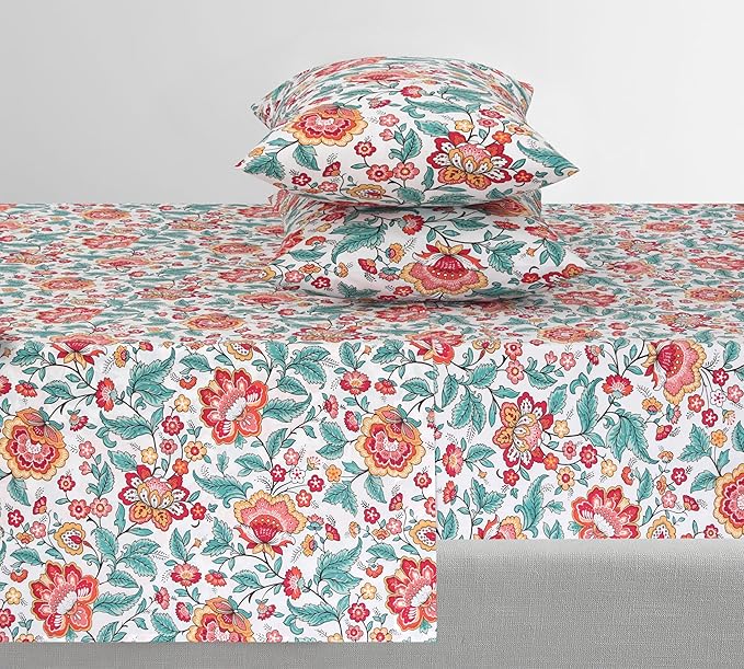 Feather & Stitch Softest 100% Cotton Sheets, 300 Thread Count Percale Weave Bedding, 16" Deep Pocket, Cooling Sheets, Breathable Bed Set, Hotel Premium Quality (Full, Vintage Garden)