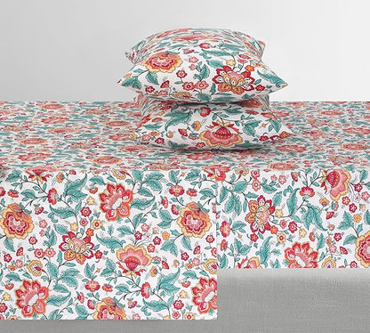 Feather & Stitch Softest 100% Cotton Sheets, 300 Thread Count Percale Weave Bedding, 16" Deep Pocket, Cooling Sheets, Breathable Bed Set, Hotel Premium Quality (Queen, Vintage Garden)