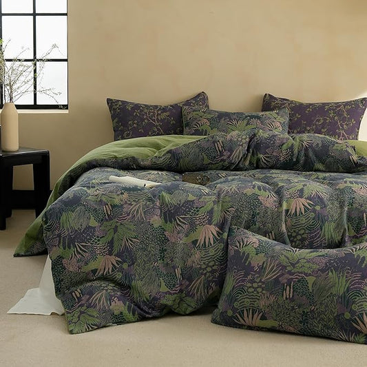 BISELINA 100% Cotton Muslin Duvet Cover Set King, 3 Pcs Yarn-Dyed Jacquard Textured Reversible Botanical Floral, Soft and Breathable Bedding Set with Zipper Closure, Purple Green