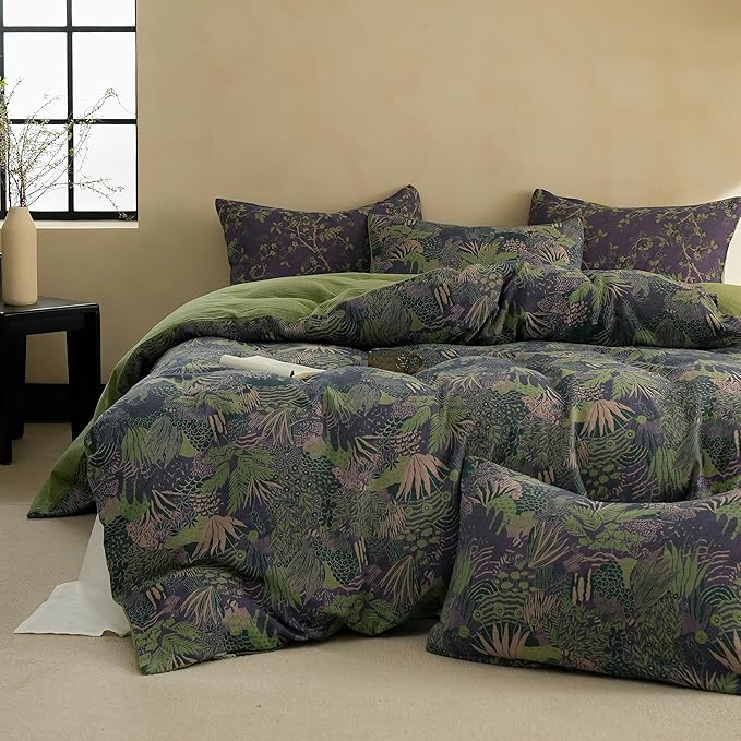 BISELINA 100% Cotton Muslin Duvet Cover Set Queen, 3 Pcs Yarn-Dyed Jacquard Textured Reversible Botanical Floral, Soft and Breathable Bedding Set with Zipper Closure, Purple Green