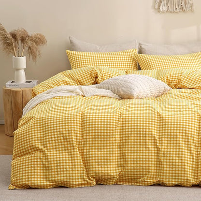 TOCOMOA Yellow Gingham Duvet Cover Bedding Set 100% Washed Cotton Like Linen Feel Super Soft Comfortable 3 Piece Vintage Plaid Checkered Comforter Cover Set (King 104"x90", Comforter Not Included)