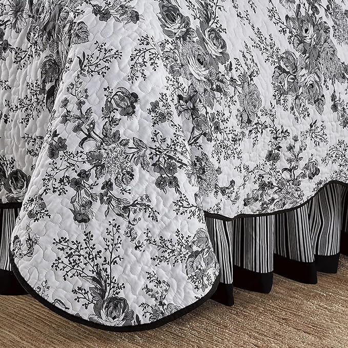 Wonderful 100% Cotton Black Floral Quilt Set Queen Size Bedding Sets with Pillow Shams and Bed Skirt, 4 Pieces Floral Bedspread Coverlet Set, Quilted Blanket Bed Cover for All Season, 88"x90"