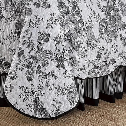 Wonderful 100% Cotton Black Floral Quilt Set Queen Size Bedding Sets with Pillow Shams and Bed Skirt, 4 Pieces Floral Bedspread Coverlet Set, Quilted Blanket Bed Cover for All Season, 88"x90"