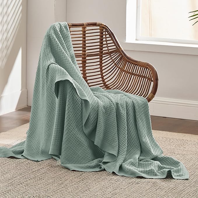 Bedsure Gentlesoft 100% Cotton Throw Blanket for Couch 50x70 inches - Cooling Breathable and Soft for Spring Summer, Waffle Weave Throw Blanket for Office, Sage Green