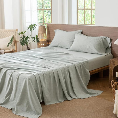 MooMee Striped Sheet Set 100% Washed Cotton Linen Like Textured Breathable Durable Soft Comfy (Heathered Green Pinstripes, Queen)