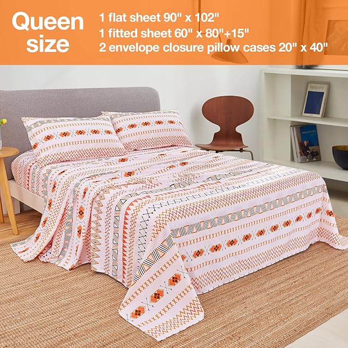 JSD Geometric Printed Sheet Set Queen, 4 Piece Soft Orange Pattern Microfiber Sheets Extra Deep Pocket