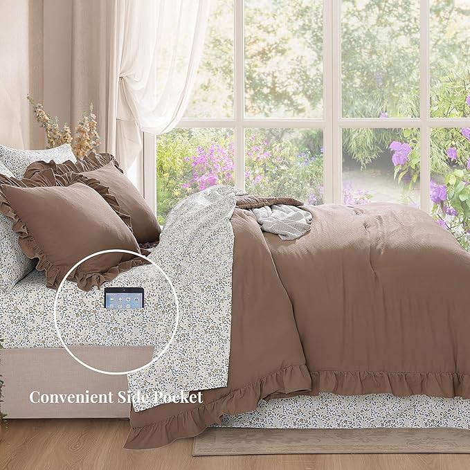 Oversized Queen Comforter Set - 7 Pieces Ruffle Amber Brown Bedding Sets, Shabby Chic Farmhouse Bed in a Bag with Ruffle Comforter, Floral Sheets, Pillowcases & Shams