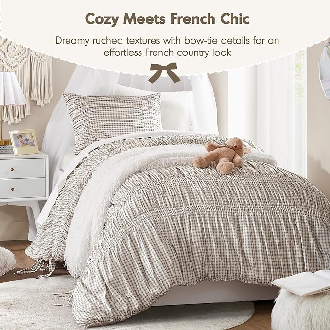 Intelligent Design Ella Twin Comforter Set – Ruched Gingham Shabby Chic Bedding, Bow-Tie Detail, All Season Lightweight 3 Piece Bedding Set, Sham, Twin/Twin XL, Brown
