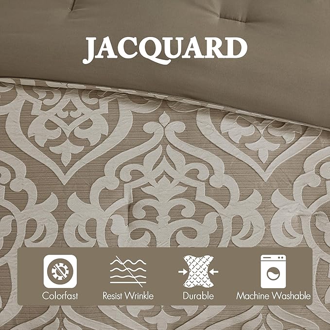 Madison Park Odette Cozy Comforter Set Jacquard Damask Medallion Design - Modern All Season, Down Alternative Bedding, Shams, Decorative Pillows, Queen(90 in x 90 in), Tan 8 Piece