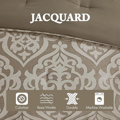 Madison Park Odette Cozy Comforter Set Jacquard Damask Medallion Design - Modern All Season, Down Alternative Bedding, Shams, Decorative Pillows, Queen(90 in x 90 in), Tan 8 Piece