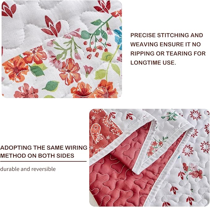 Joyreap 3 Pieces Floral Patchwork Quilt Set Twin, Burgundy Red n White Flowers Design, Smooth Soft Microfiber Quilt, Bedspread Bed Cover for All Season, 102x90 inches