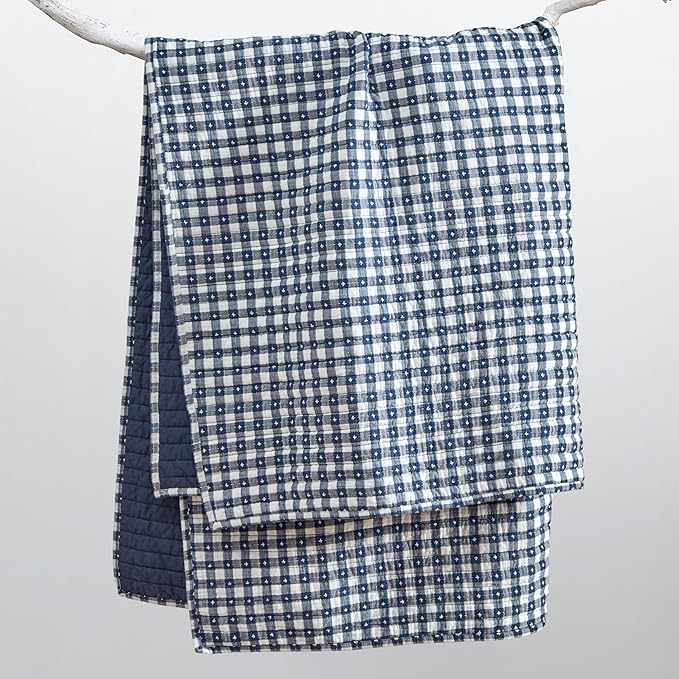 Levtex Home - Camden Gingham Stitch Navy Quilted Throw (50x60in) - Textured Gingham - Lightweight Cotton Throw Blanket - Navy and White - Reversible - Cotton