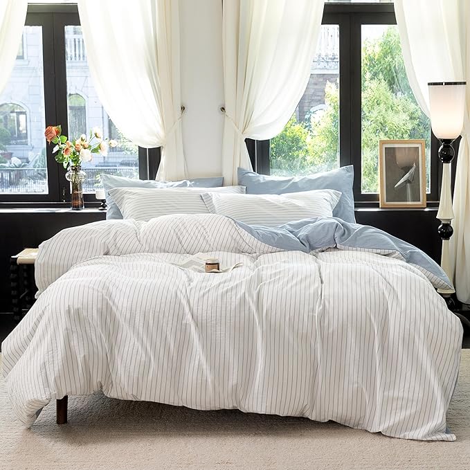 Reversible Duvet Cover Set 100% Washed Cotton Sky Blue Stripe Linen Feel Duvet Cover Twin Size with Zipper Closure & 2 Pillow Shams,Sky Blue/White Stripe Reverse Solid Sky Blue