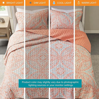 Comfort Spaces Reversible Quilt Set-Vermicelli Stitching Design All Season, Lightweight, Coverlet Bedspread Bedding, Matching Shams, King (104 in x 90 in), Gloria Damask Coral 3 Piece