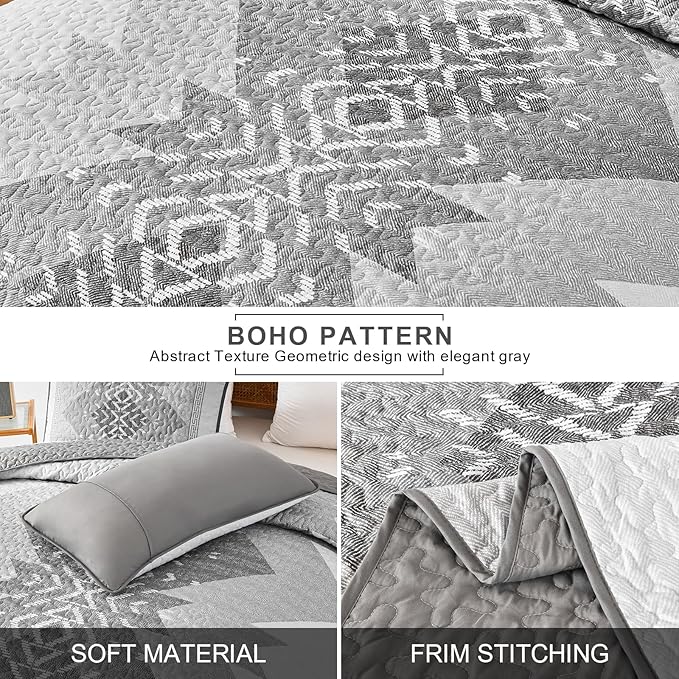 Boho Quilt Set King Size 3 Pieces Grey Aztec King Quilt Set Bohemian Bedspread Coverlet Set Soft Microfiber Lightweight Bedding Set with 2 pillowcases Gray Quilt Set for All Season 90"x103"